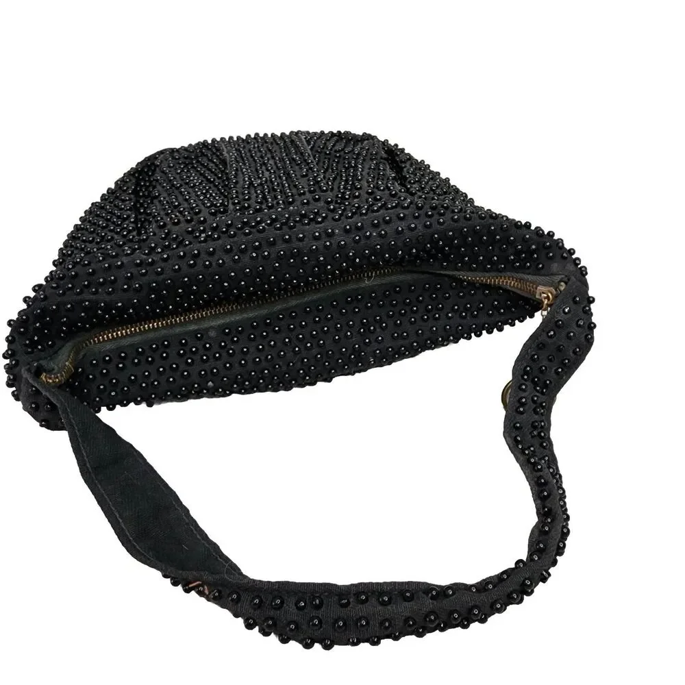 Vintage Plastic Beaded Bag Pleated Satchel Crescent Black Zippered Closure